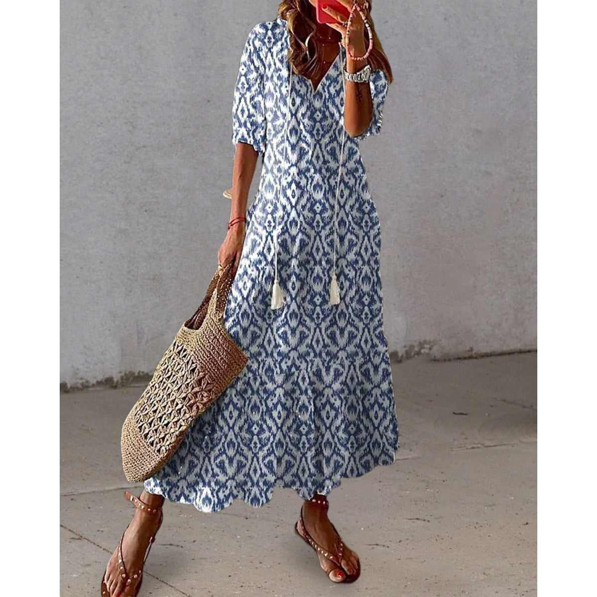 A-Line Maxi Dress Women Elegant V-Neck Summer Style Casual 0