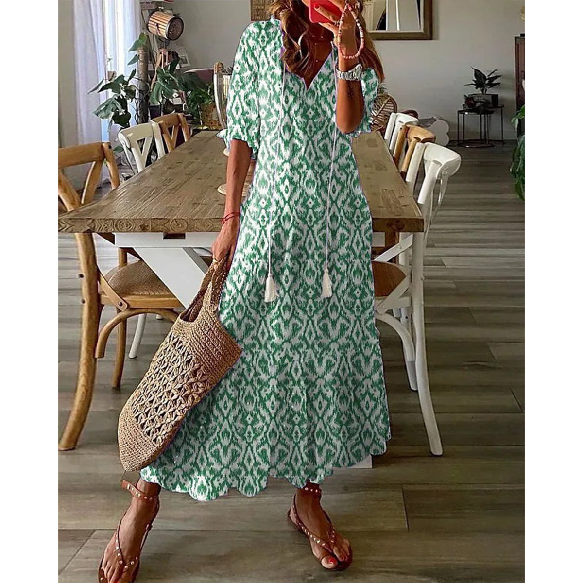 A-Line Maxi Dress Women Elegant V-Neck Summer Style Casual 2