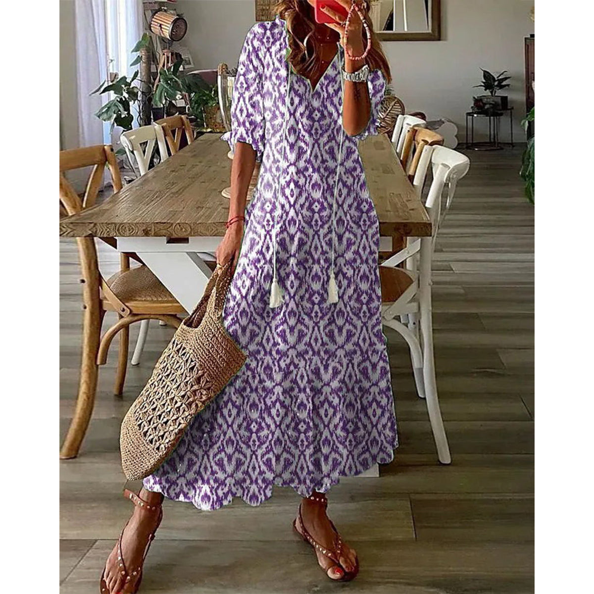 A-Line Maxi Dress Women Elegant V-Neck Summer Style Casual 4