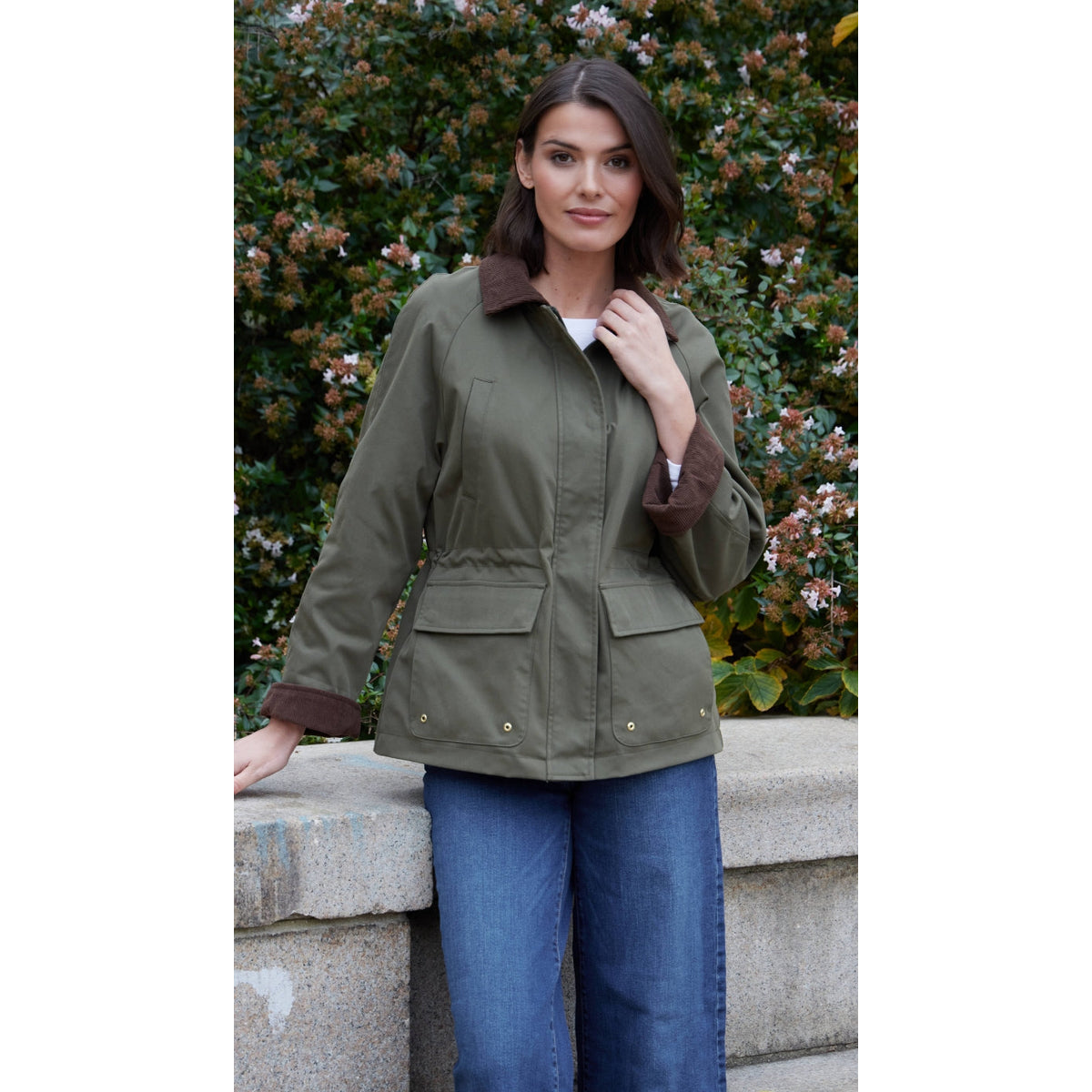 Barn Jacket with Corduroy Trims Adjustable Waist Casual Style 1