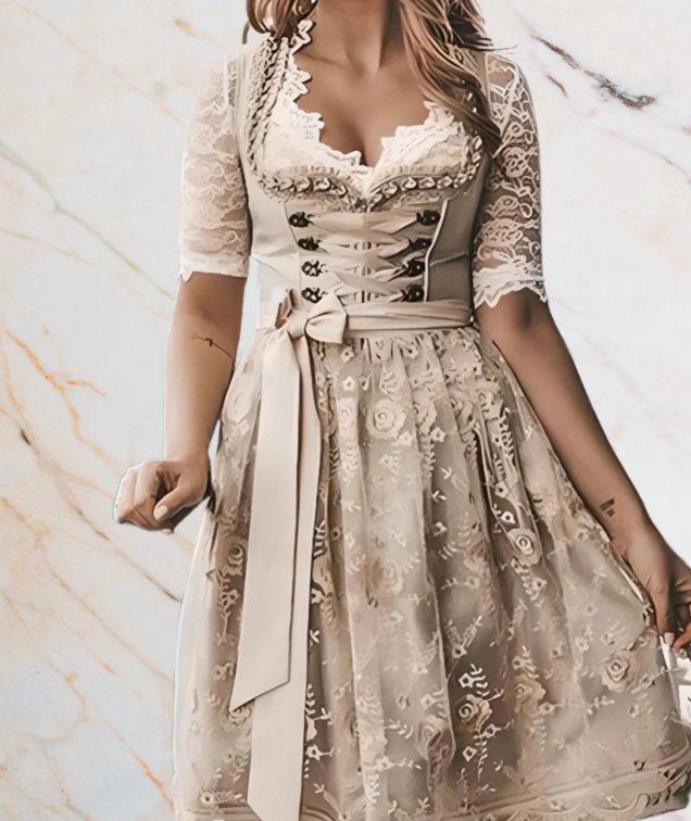 Beige Dirndl Dress Women Elegant Traditional Oktoberfest Style 1