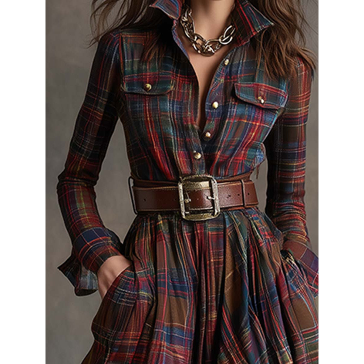 Belted Shirt Dress Women Classic Plaid Elegant Summer Style 2