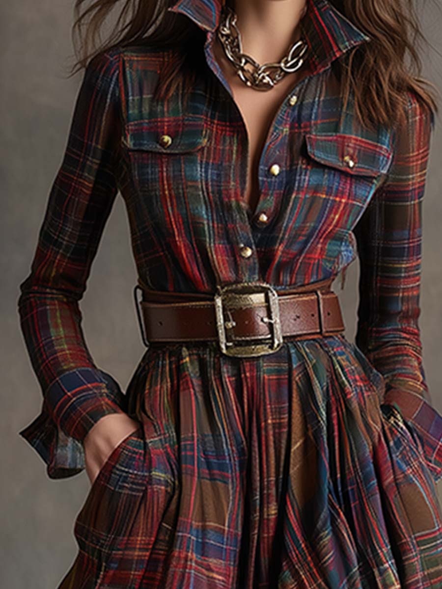 Belted Shirt Dress Women Classic Plaid Elegant Summer Style 2