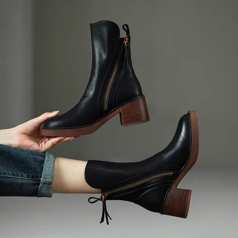 Black Ankle Boots Women Zip-Up Block Heel Chic Side Zipper 0