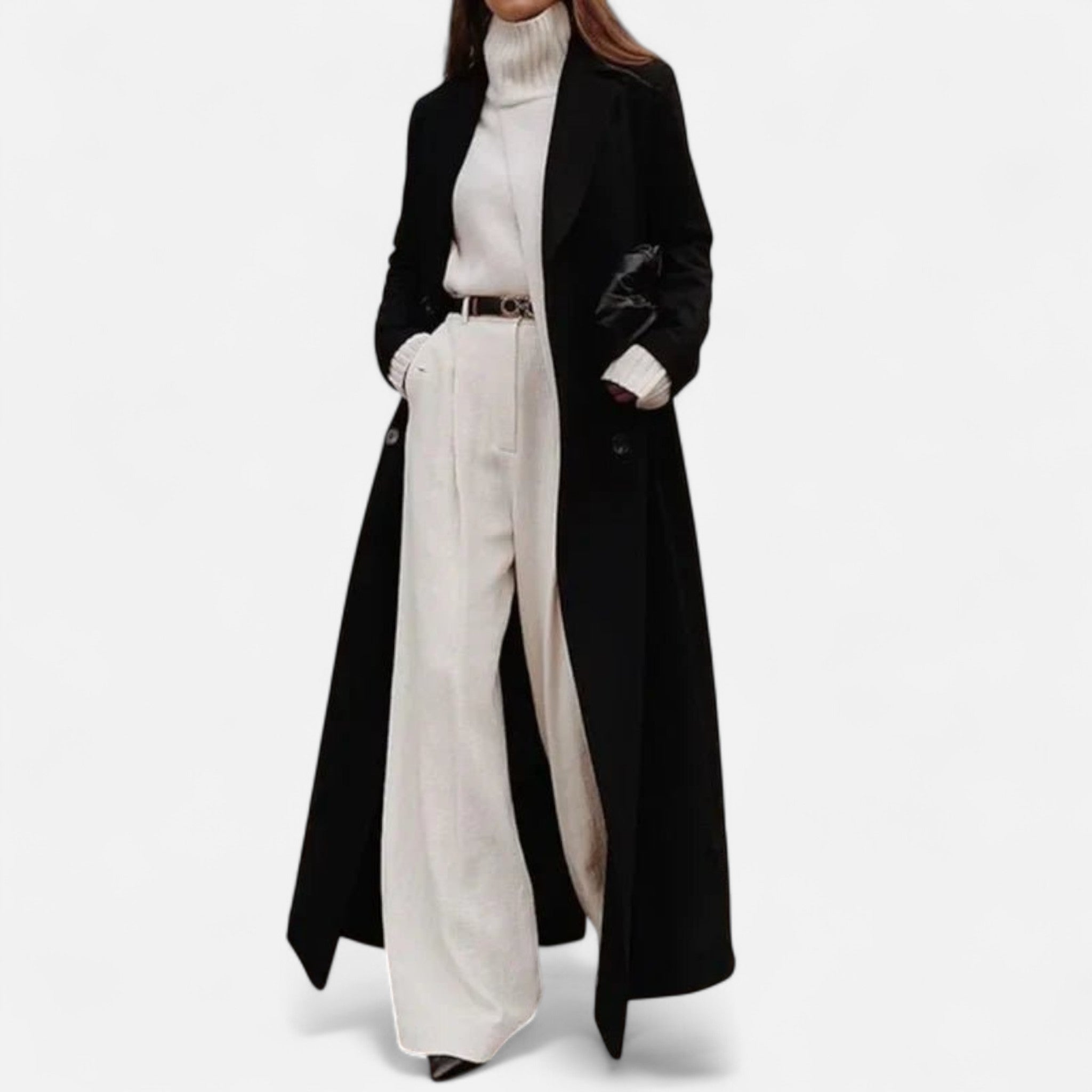Black Maxi Coat Women Longline Tailored Winter Outerwear Elegant 0