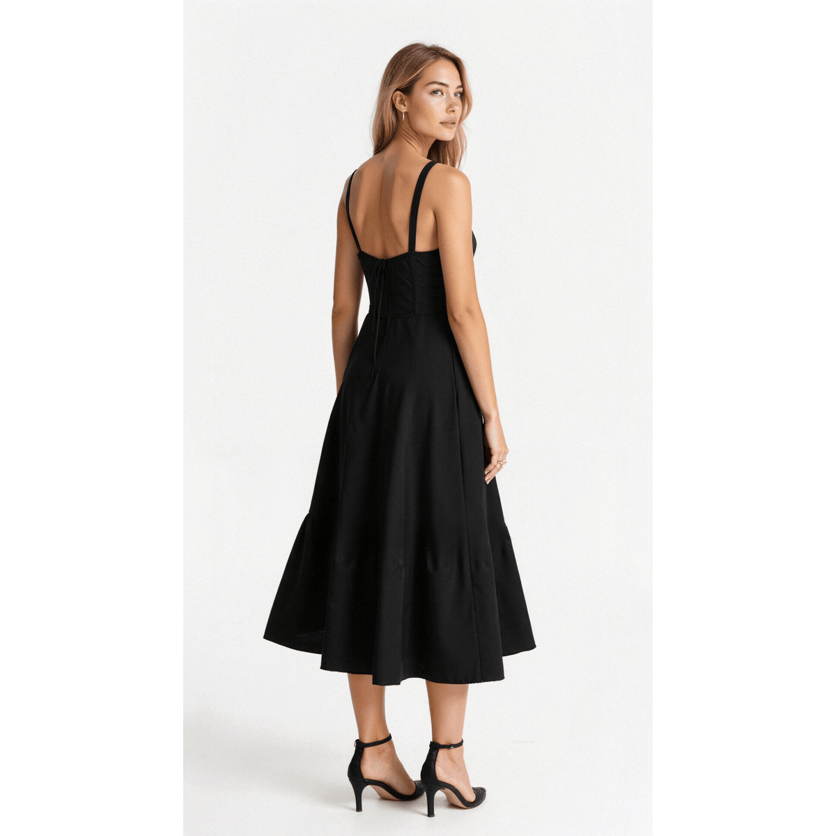 Black Midi Dress Women Elegant Corset Fit Long Sleeve Satin Style 3