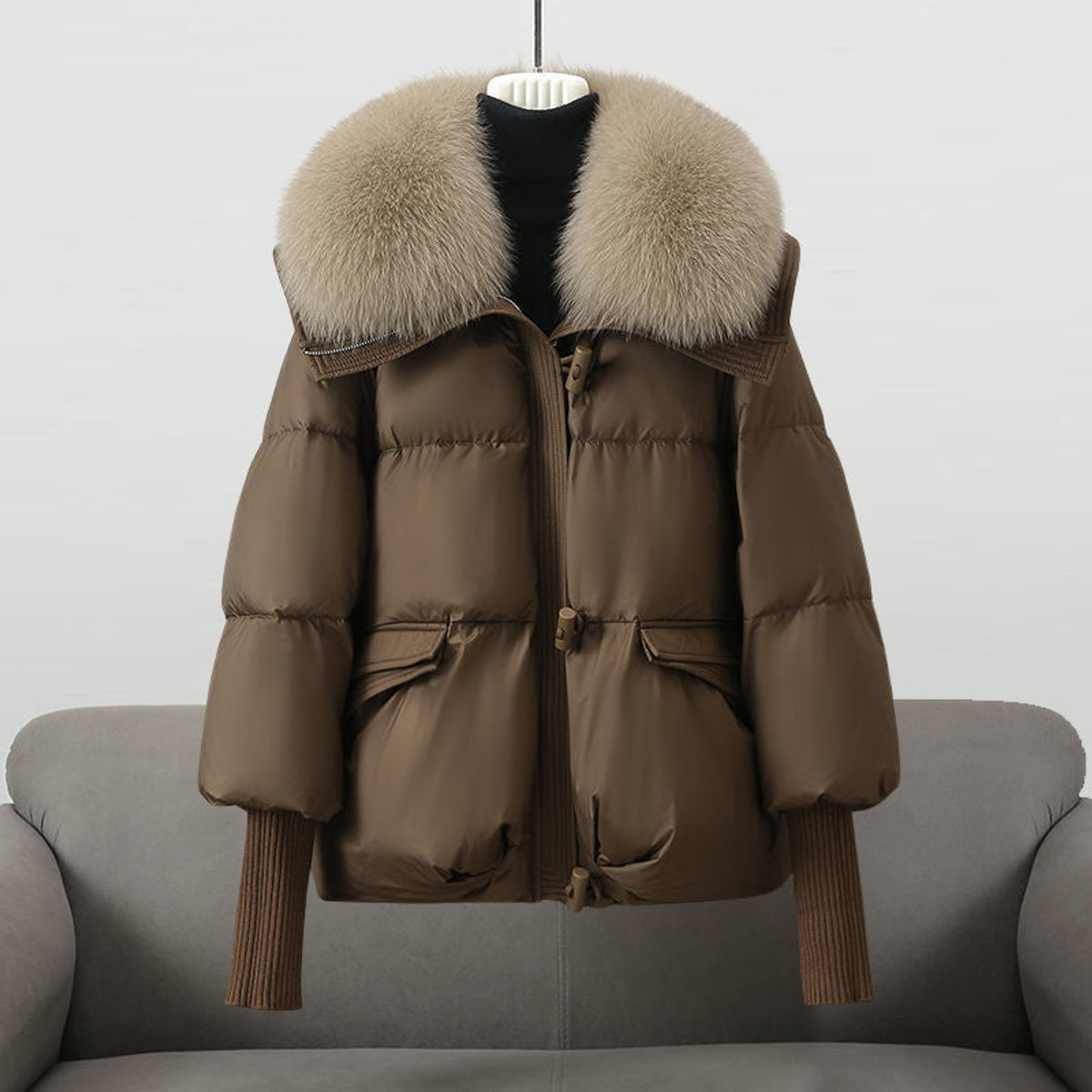 Black Puffer Jacket Women Extended Length Luxurious Fur Collar 2