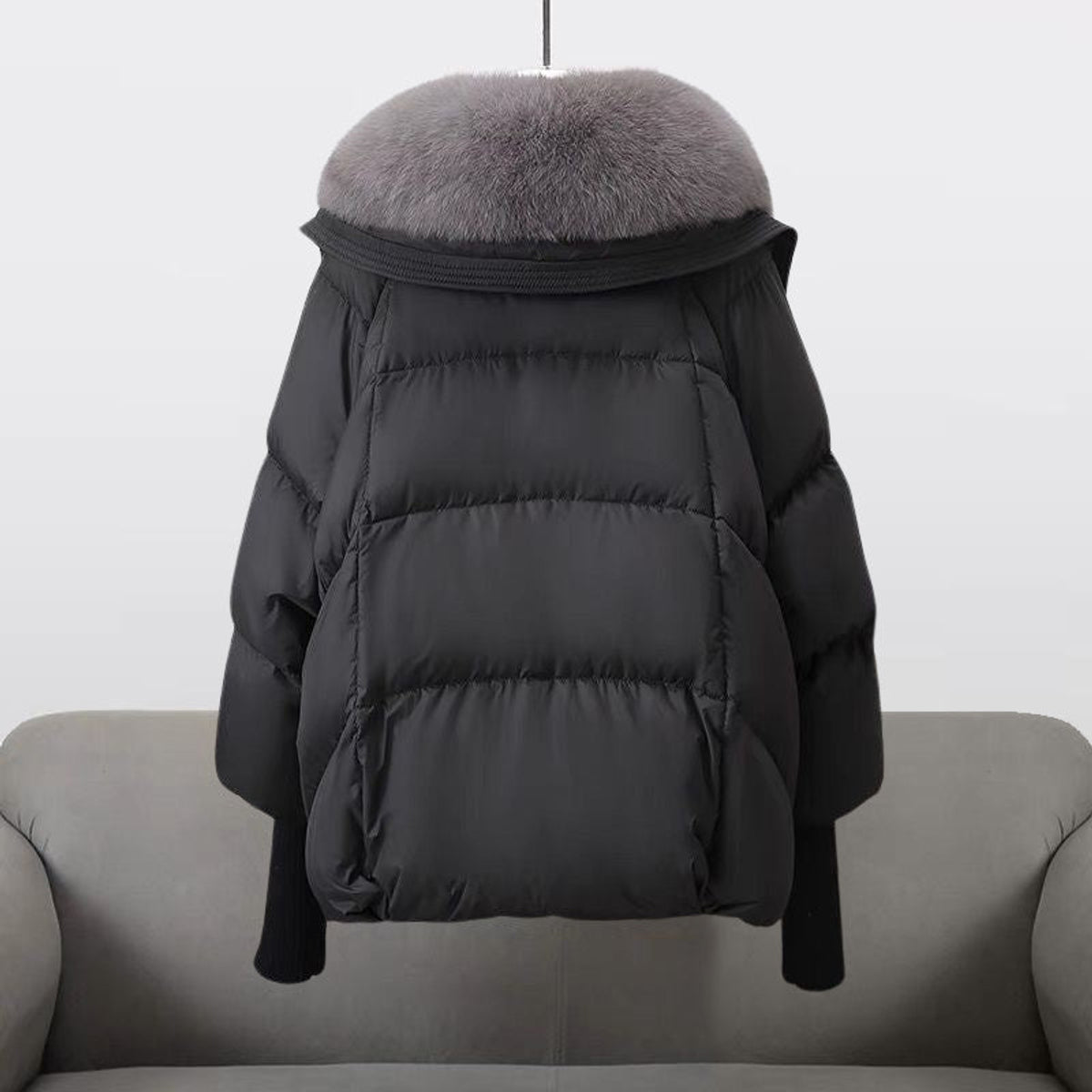 Black Puffer Jacket Women Extended Length Luxurious Fur Collar 3