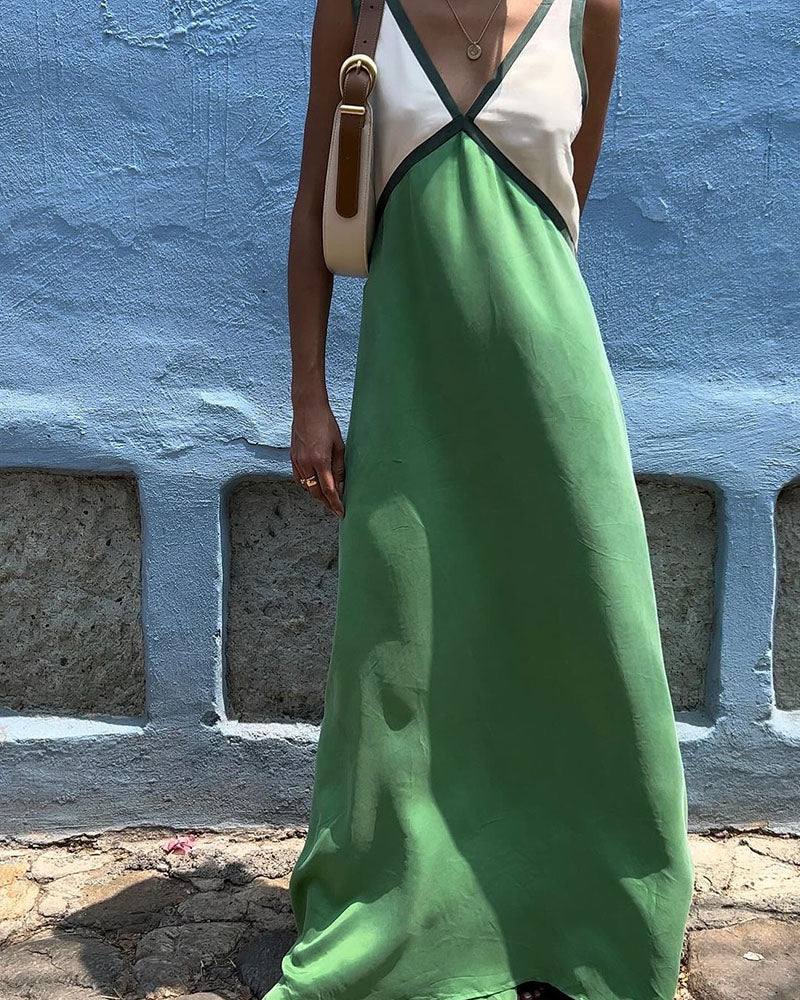 Bold Contrast Maxi Dress V-Neck Elegant Chic Style for Women 1