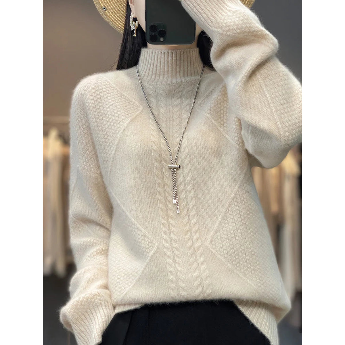 Cashmere Sweater Women Timeless Turtleneck Cable-Knit Design 0