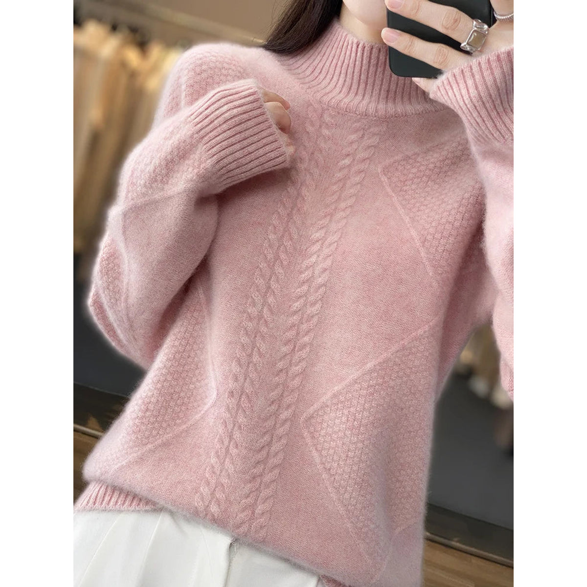Cashmere Sweater Women Timeless Turtleneck Cable-Knit Design 3