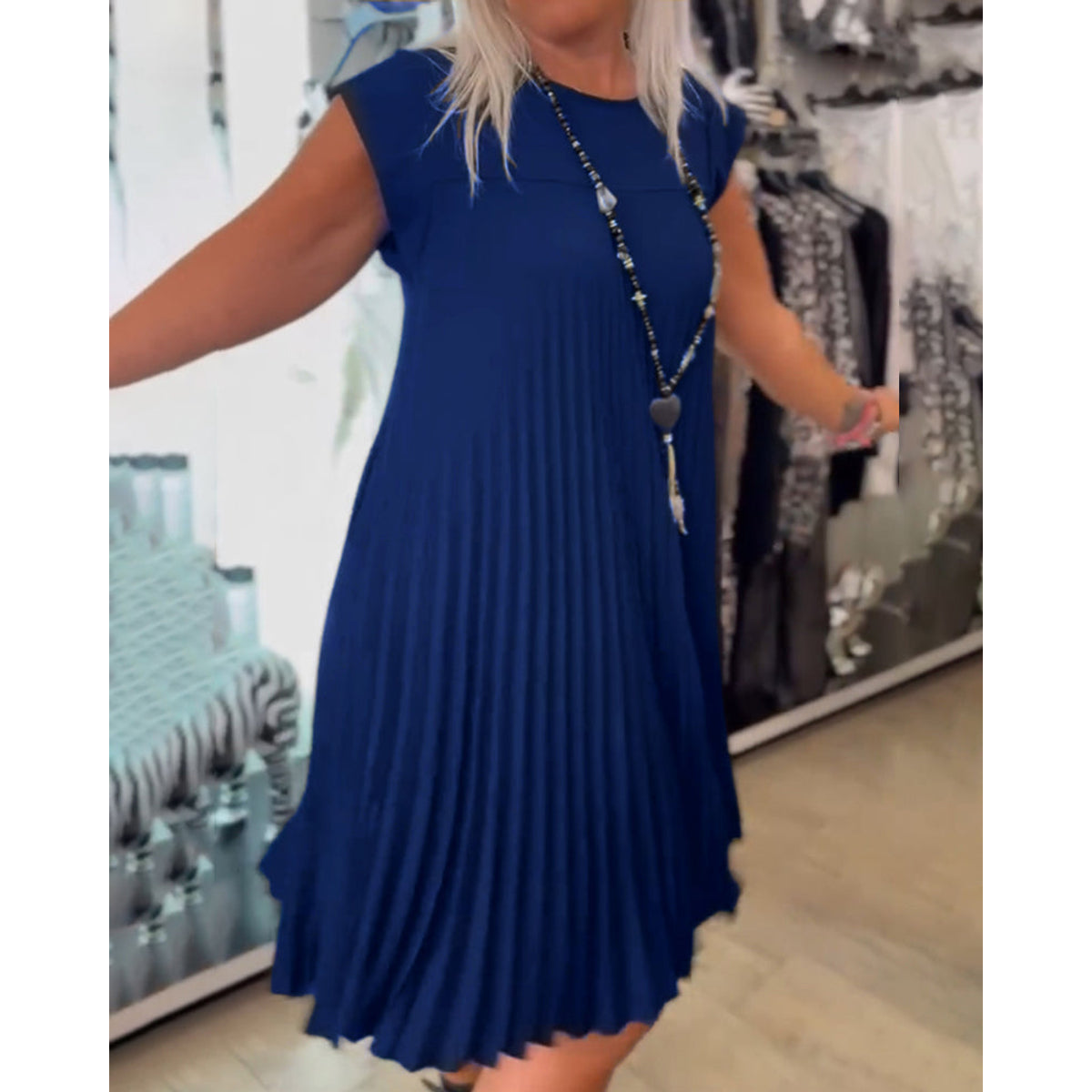 Casual A-Line Dress Women Round Neck Solid Color Summer Style 3