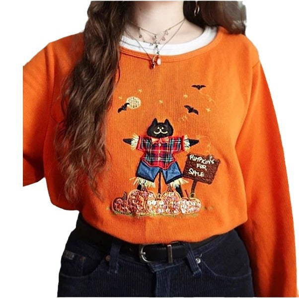 Casual Women's Sweater Halloween Colorful Cat Embroidery Design 0