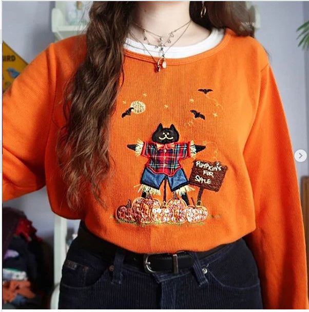 Casual Women's Sweater Halloween Colorful Cat Embroidery Design 1