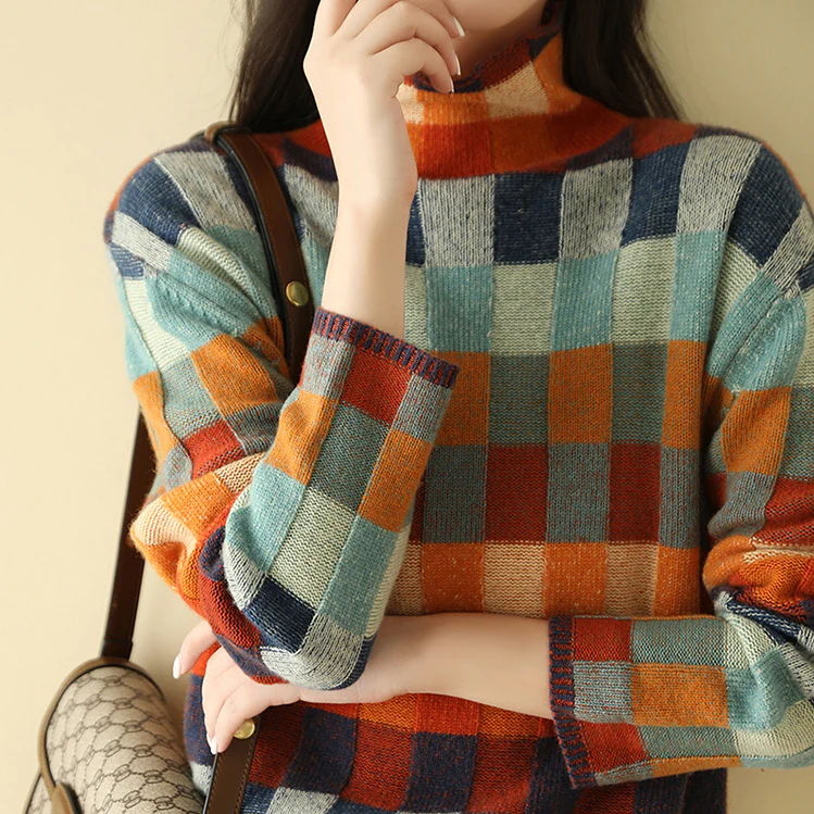 Checked Sweater Women Oversized Cozy Knit Multicolored Casual Chic 1