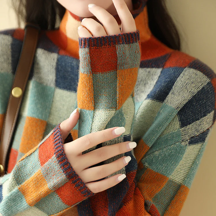 Checked Sweater Women Oversized Cozy Knit Multicolored Casual Chic 5