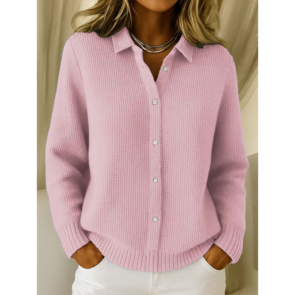 Classic Knit Cardigan Women Soft Button Closure Shirt Collar Elegant 2