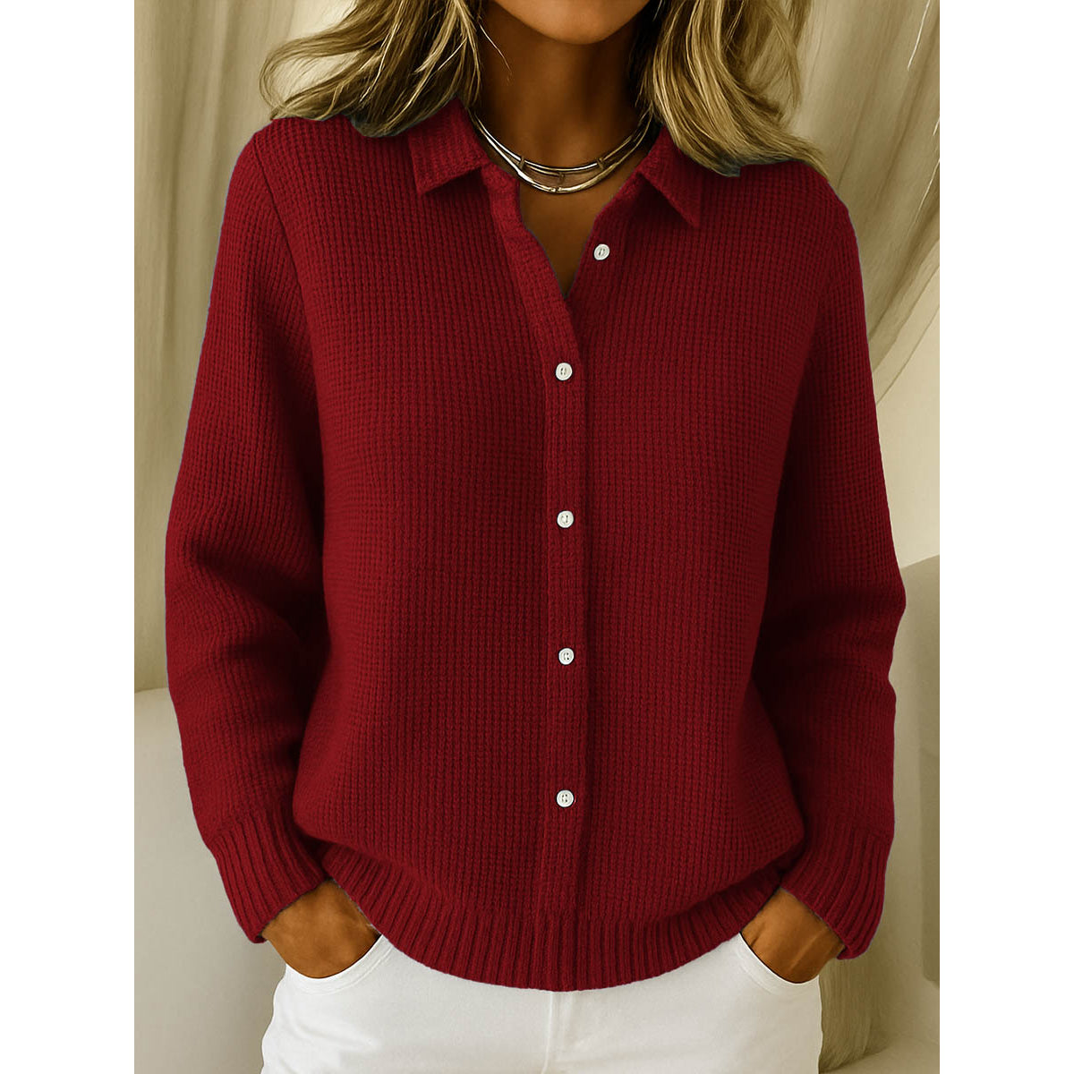 Classic Knit Cardigan Women Soft Button Closure Shirt Collar Elegant 3