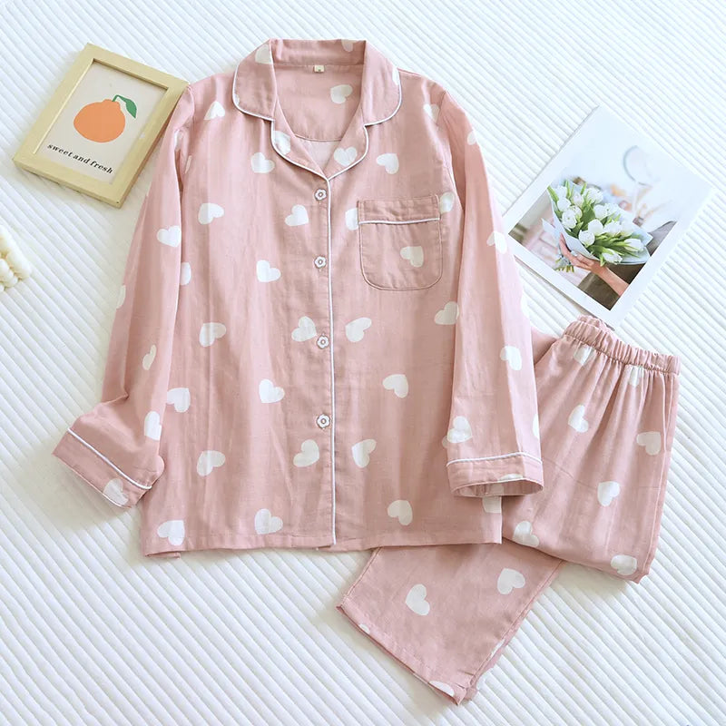 Cotton Pajama Set Women Heart Print Relaxed Fit Sleepwear 0