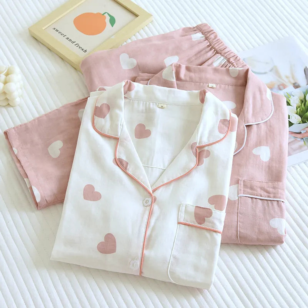 Cotton Pajama Set Women Heart Print Relaxed Fit Sleepwear 2