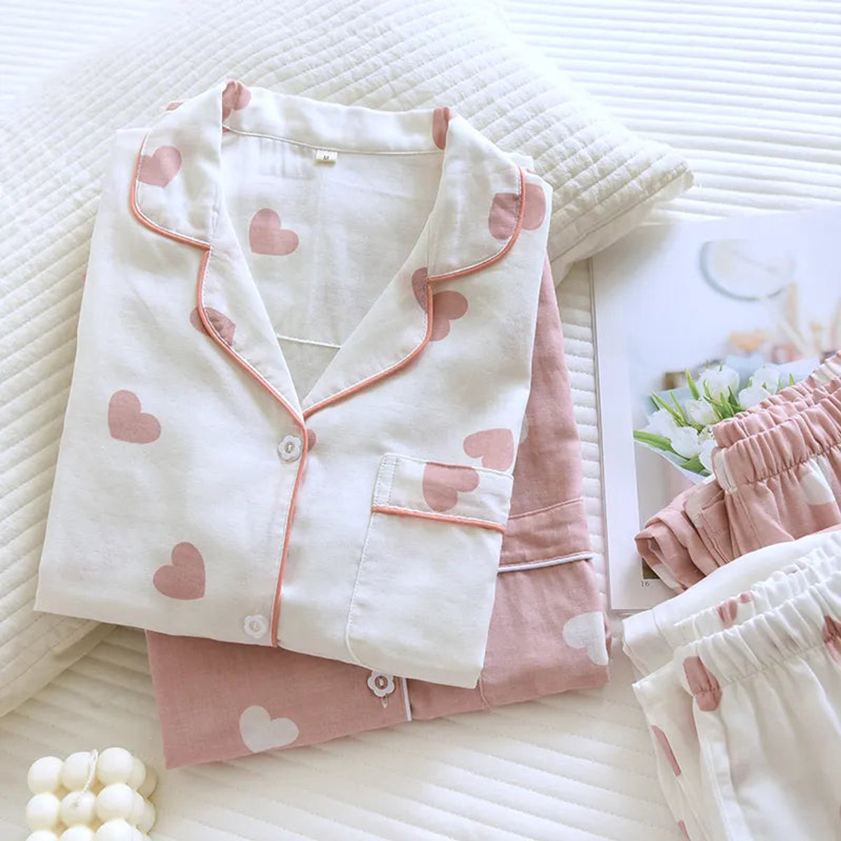 Cotton Pajama Set Women Heart Print Relaxed Fit Sleepwear 3