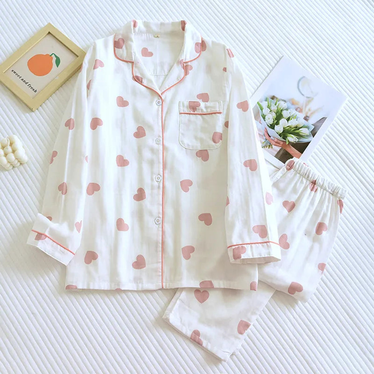 Cotton Pajama Set Women Heart Print Relaxed Fit Sleepwear 7