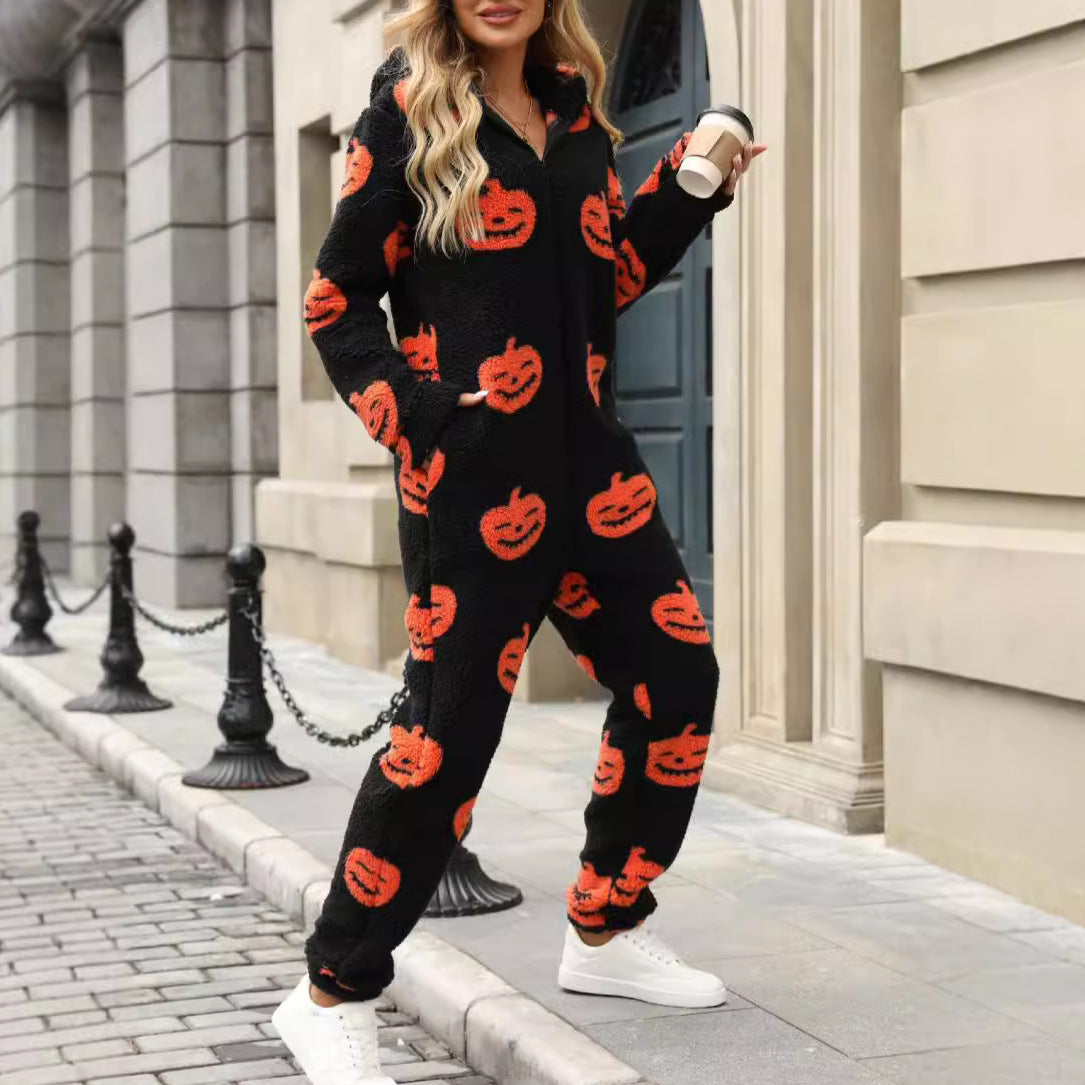 Cozy Halloween Jumpsuit Women Hooded Fleece Casual Comfort 3