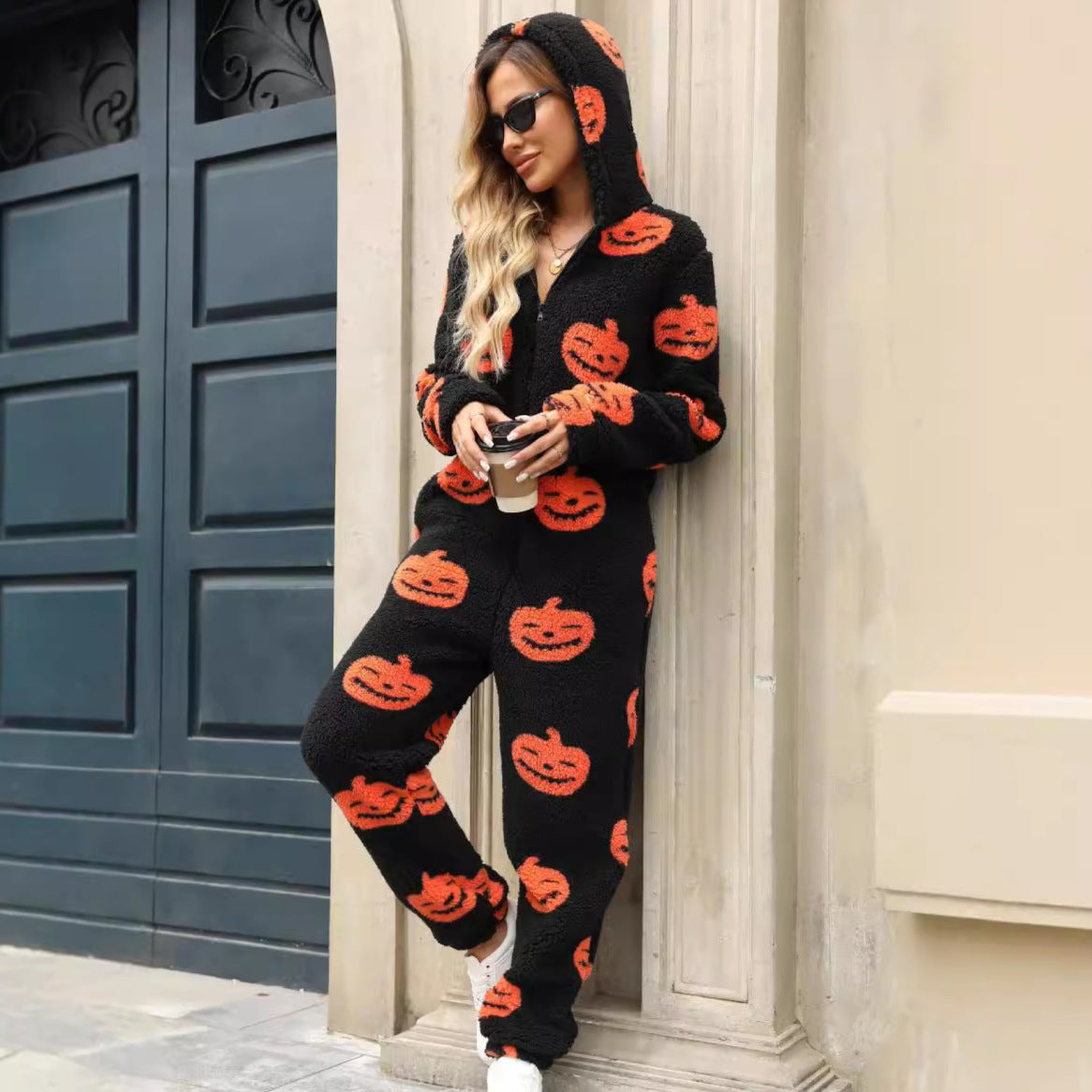 Cozy Halloween Jumpsuit Women Hooded Fleece Casual Comfort 4