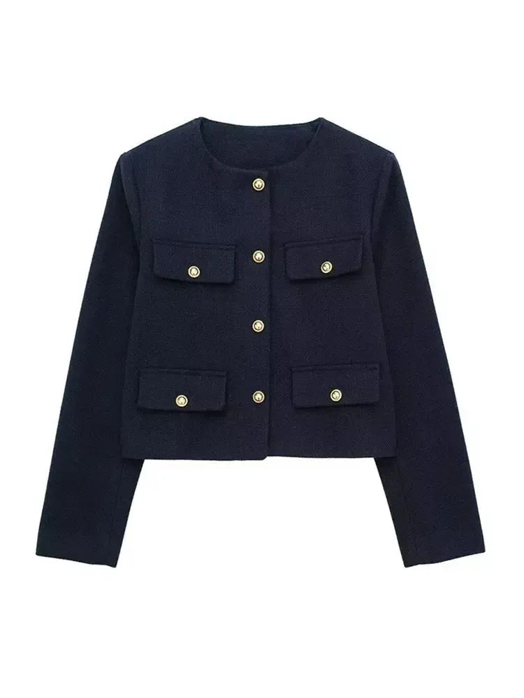 Cropped Textured Button-Up Jacket Women Modern Chic Layer 2