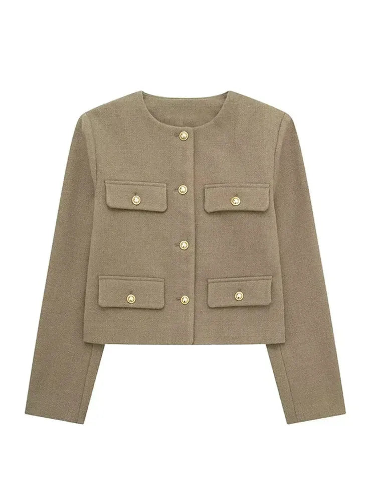 Cropped Textured Button-Up Jacket Women Modern Chic Layer 6