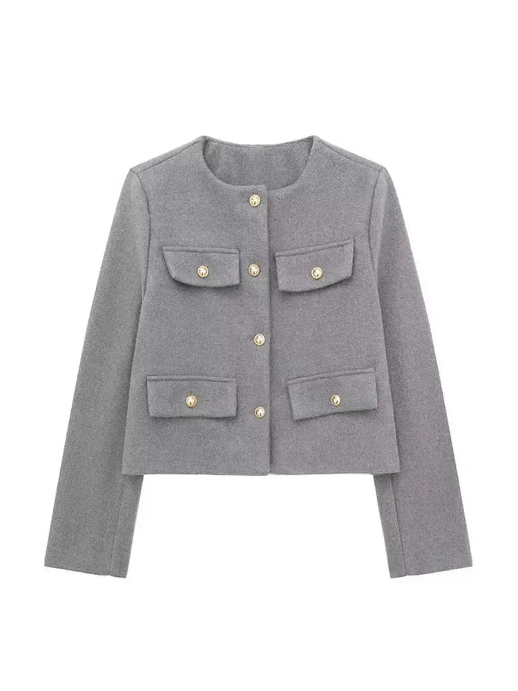 Cropped Textured Button-Up Jacket Women Modern Chic Layer 7