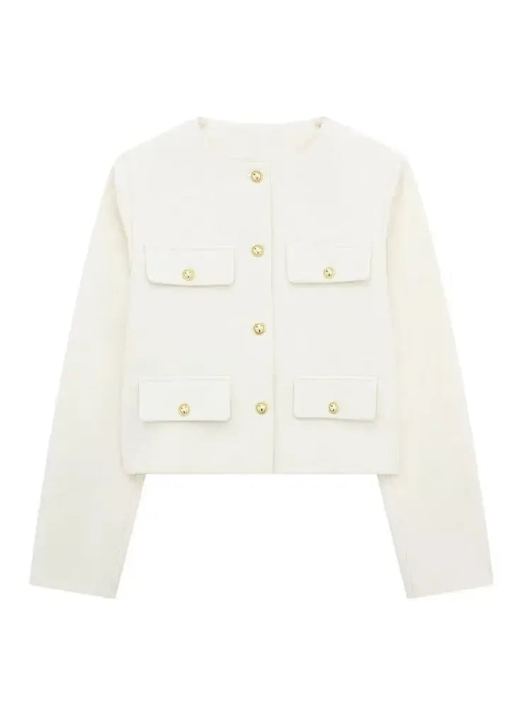 Cropped Textured Button-Up Jacket Women Modern Chic Layer 8
