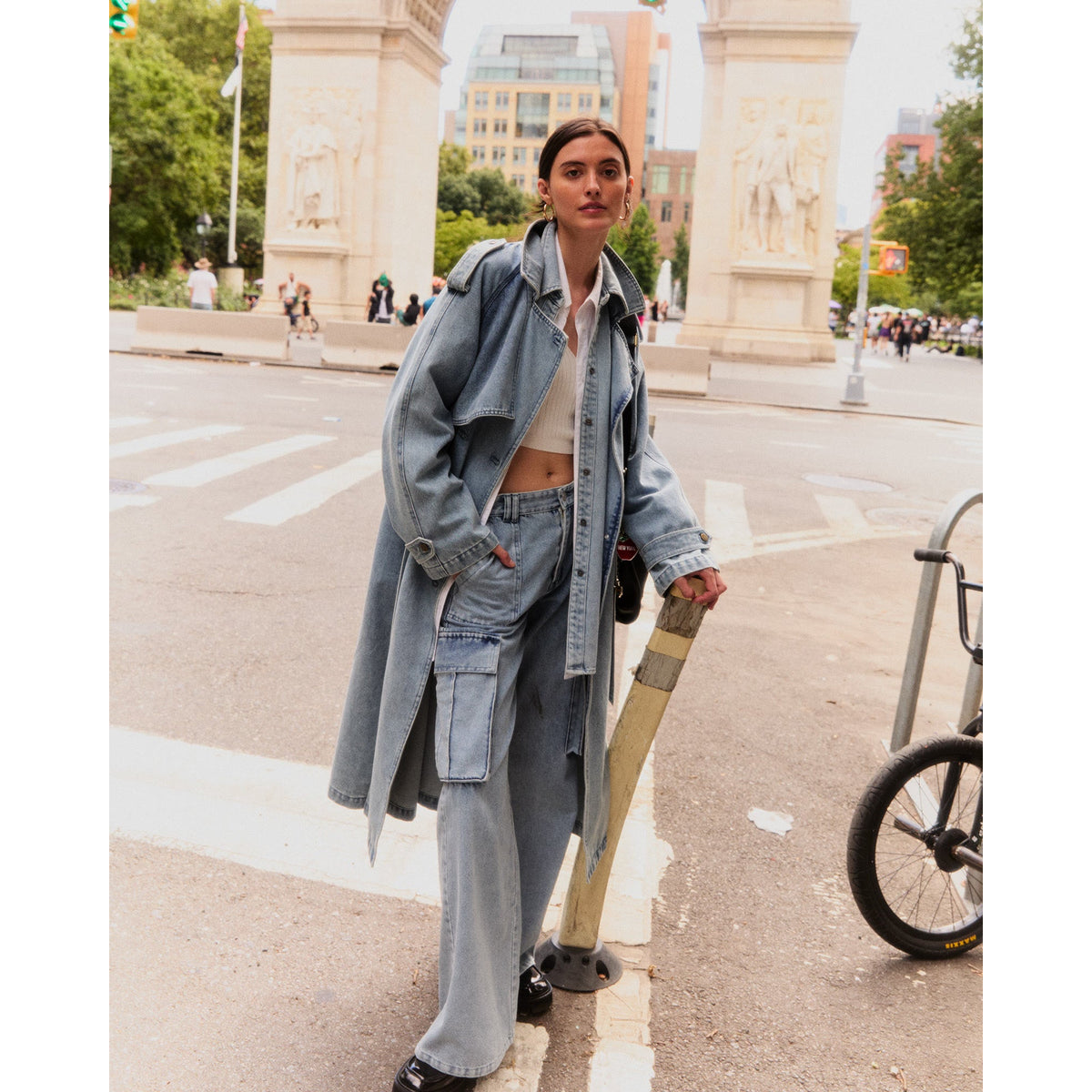 Denim Trench Coat Women Stonewash Oversized Fit Modern Style 0