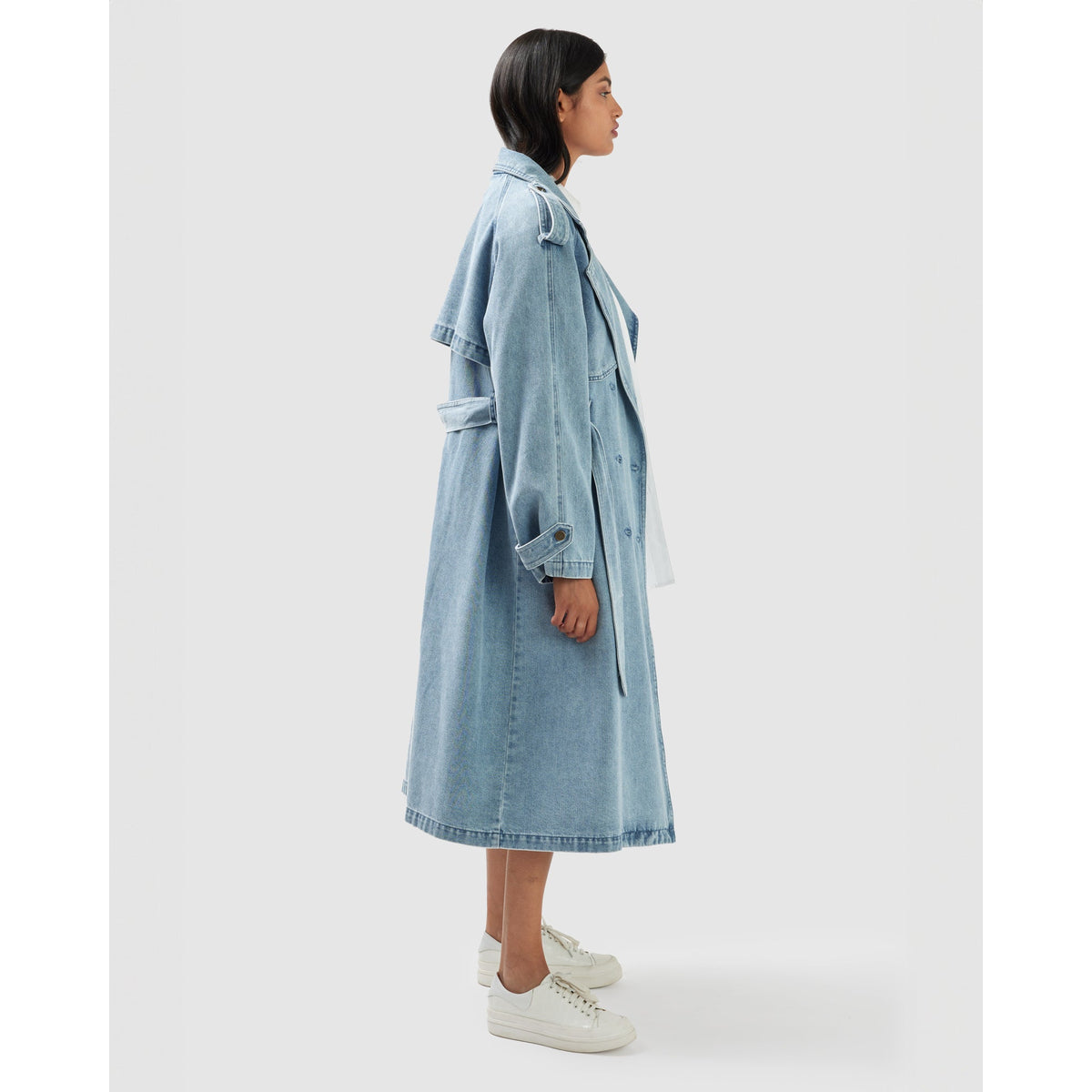 Denim Trench Coat Women Stonewash Oversized Fit Modern Style 3