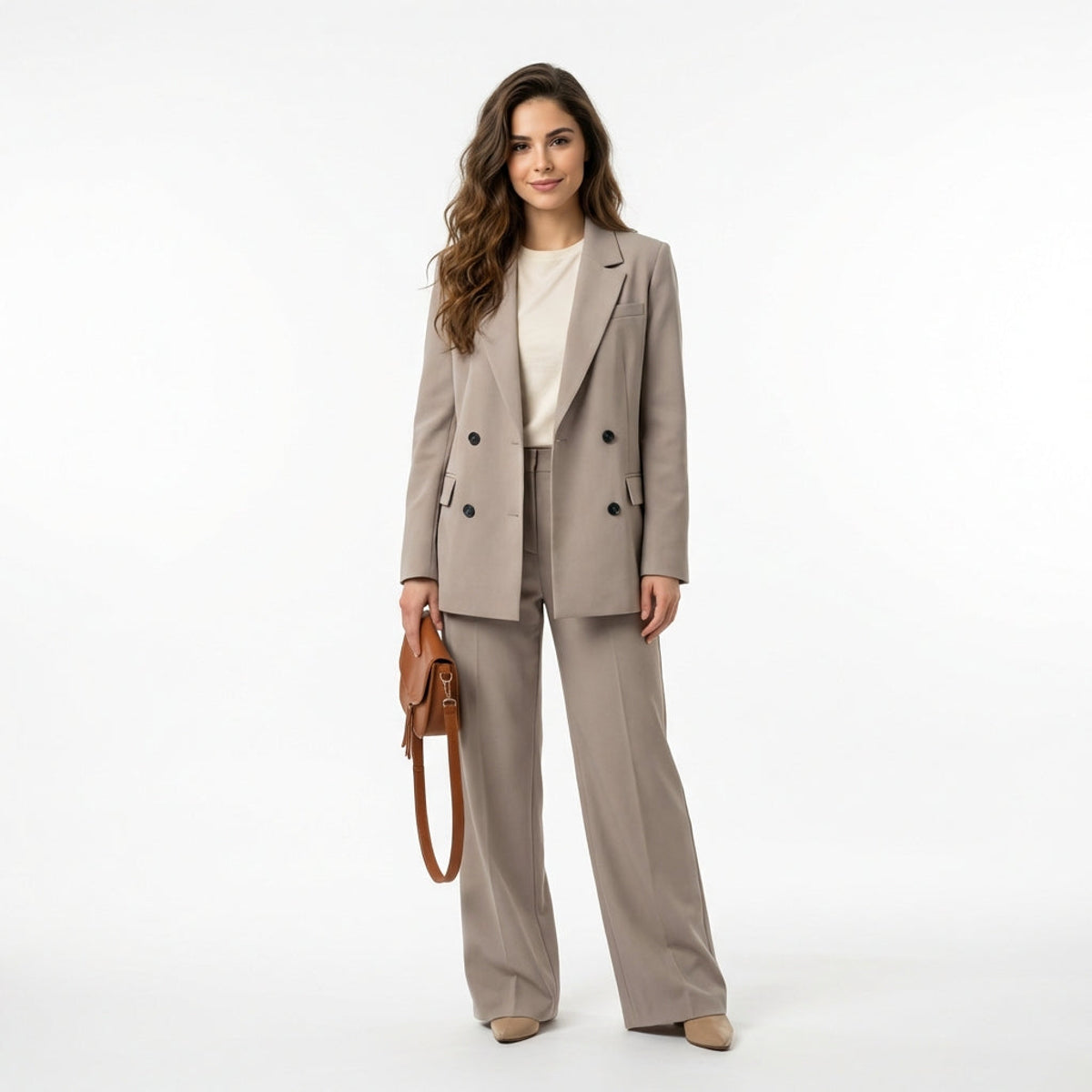 Double-Breasted Blazer Women Beige Polyester Blend Elegant Fit Casual Chic 2