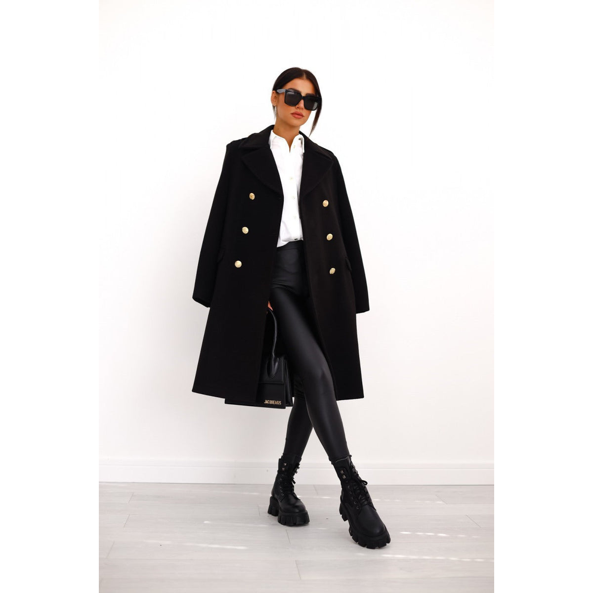 Double-Breasted Long Coat Women Chic Gold Button Accents Winter Coat 0