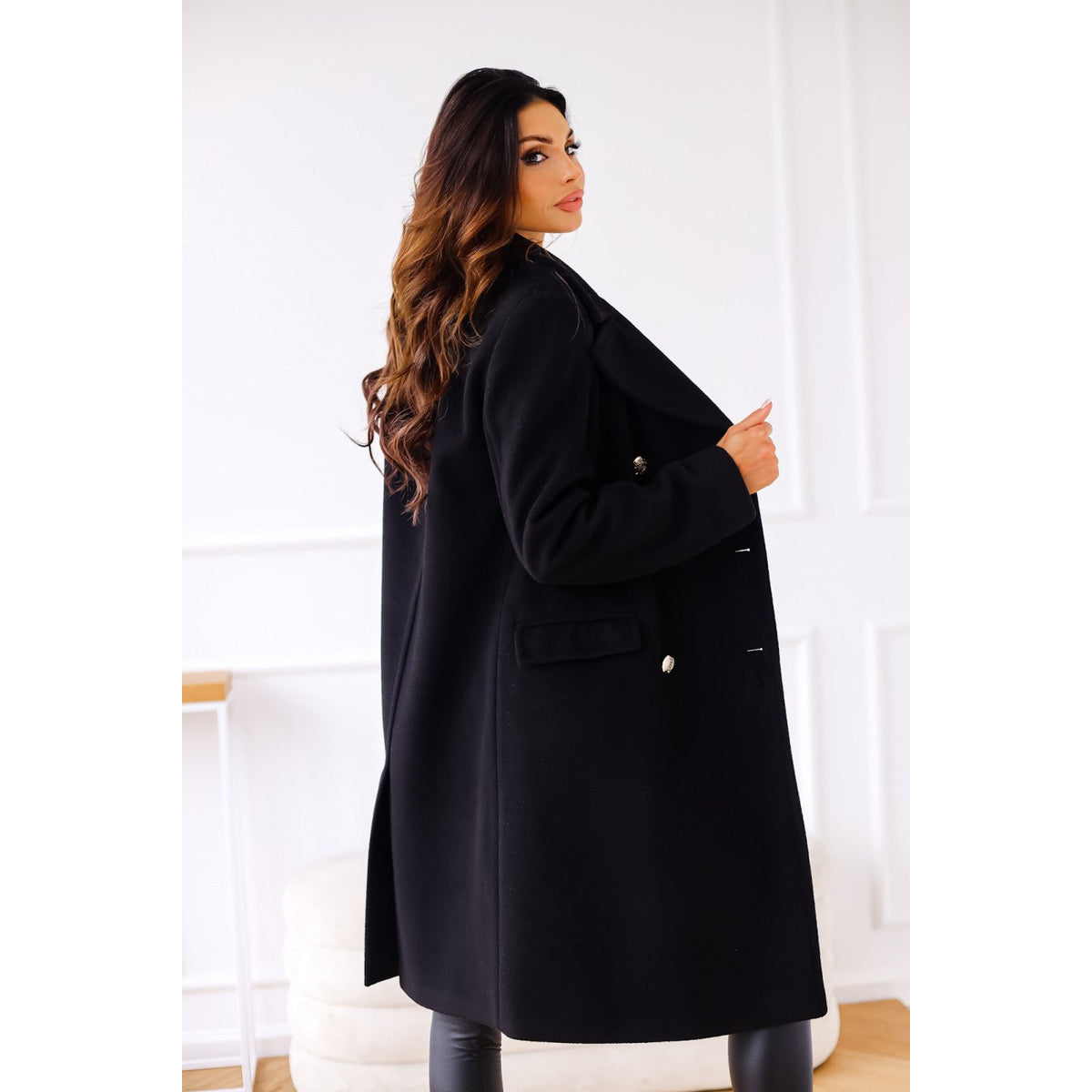 Double-Breasted Long Coat Women Chic Gold Button Accents Winter Coat 3