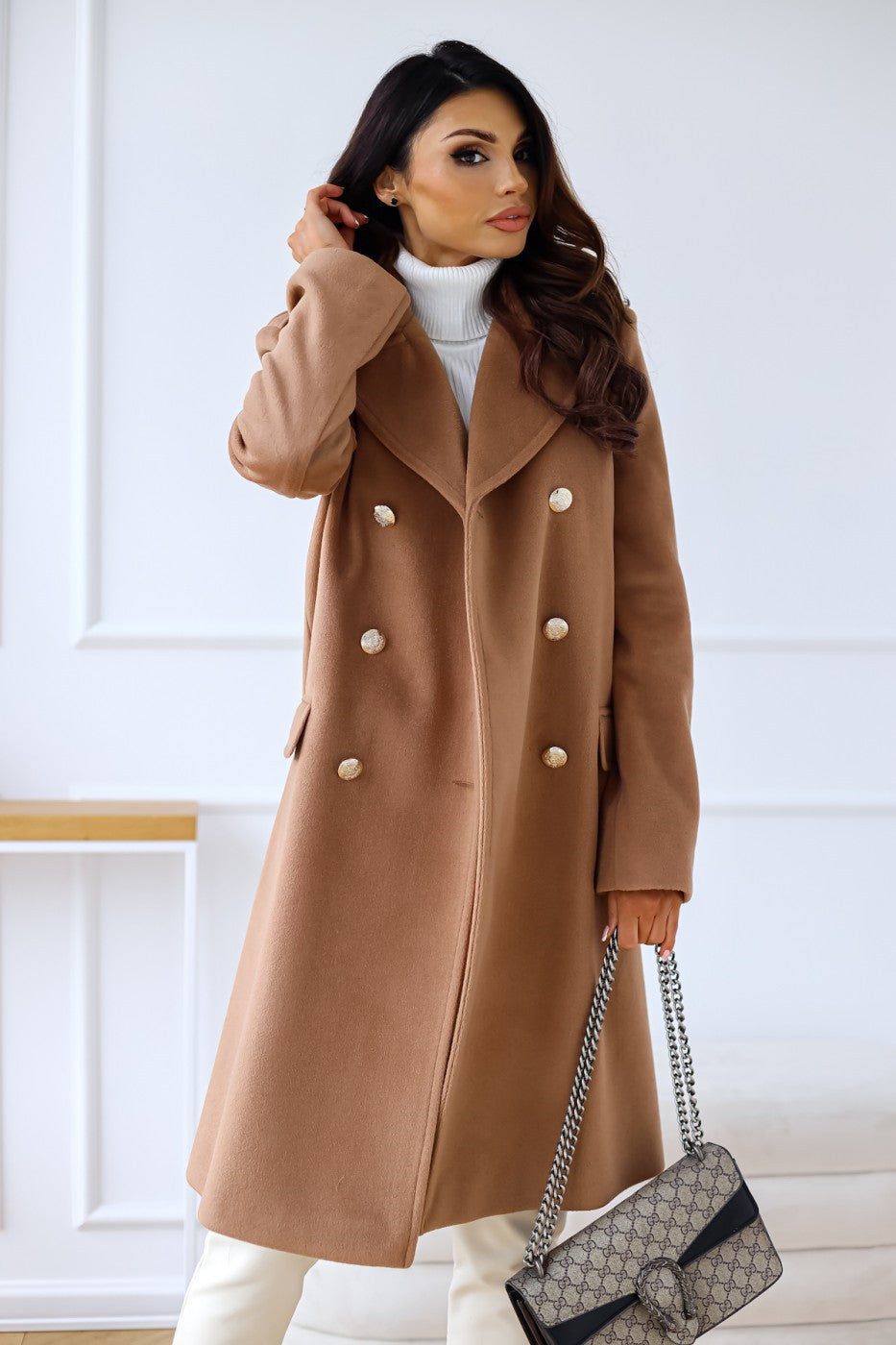 Double-Breasted Long Coat Women Chic Gold Button Accents Winter Coat 4