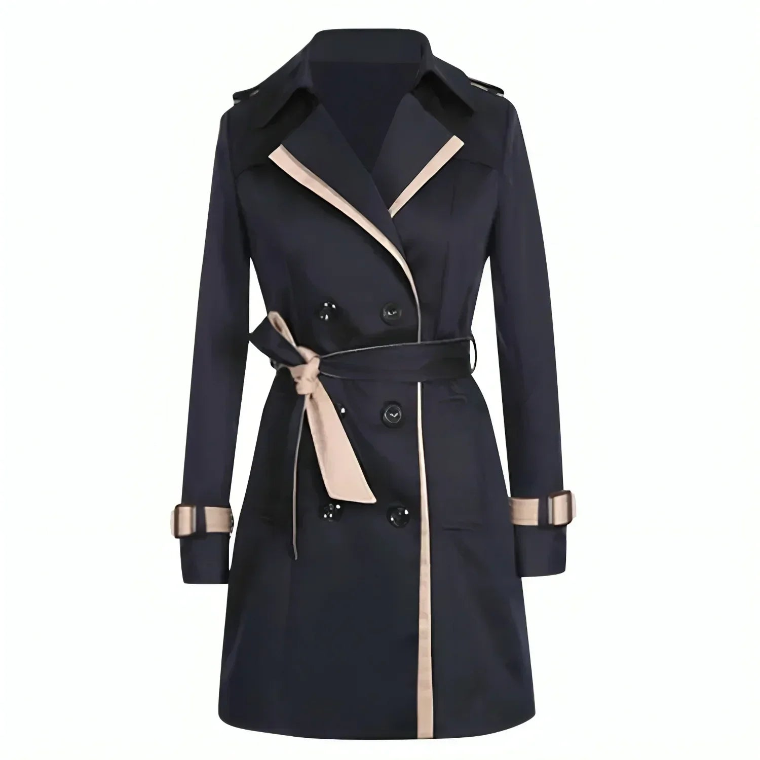 Double-Breasted Trench Coat Women Belted Classic Black Elegance 1