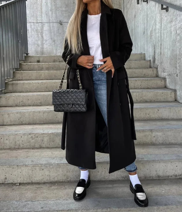 Double-Breasted Winter Coat Women Classic Fit Waist Belt Elegant 3