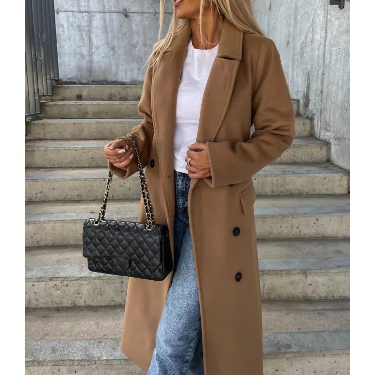 Double-Breasted Winter Coat Women Classic Fit Waist Belt Elegant 4