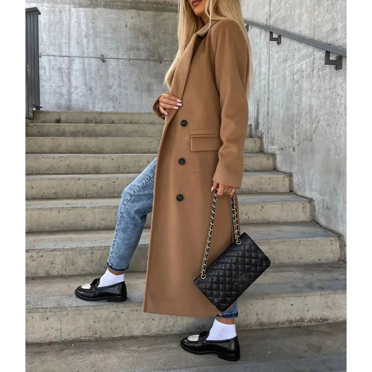 Double-Breasted Winter Coat Women Classic Fit Waist Belt Elegant 5
