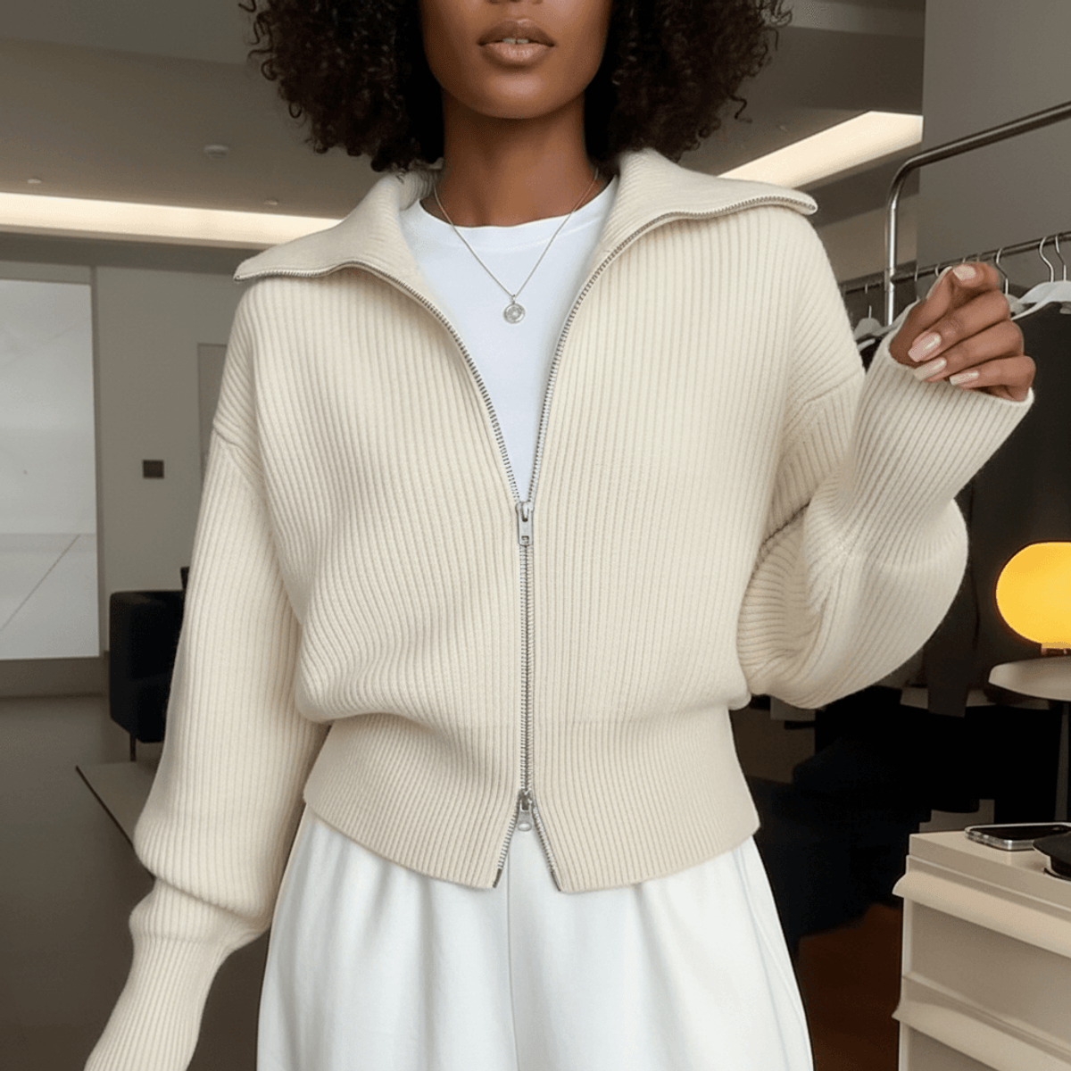 Doppel-Reißverschluss Strick-Cardigan Damen Leichtes Lagen-Piece Mode