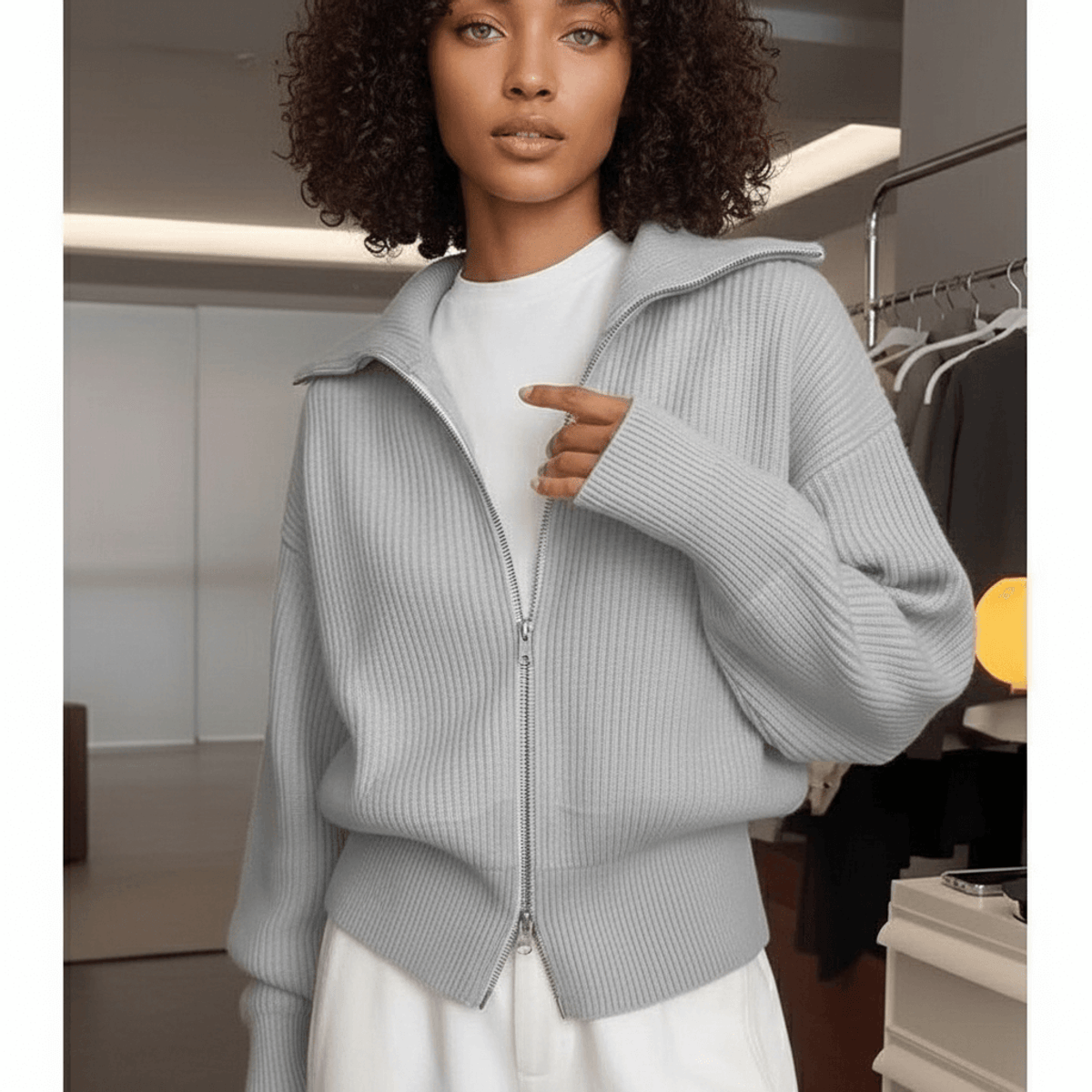 Doppel-Reißverschluss Strick-Cardigan Damen Leichtes Lagen-Piece Mode