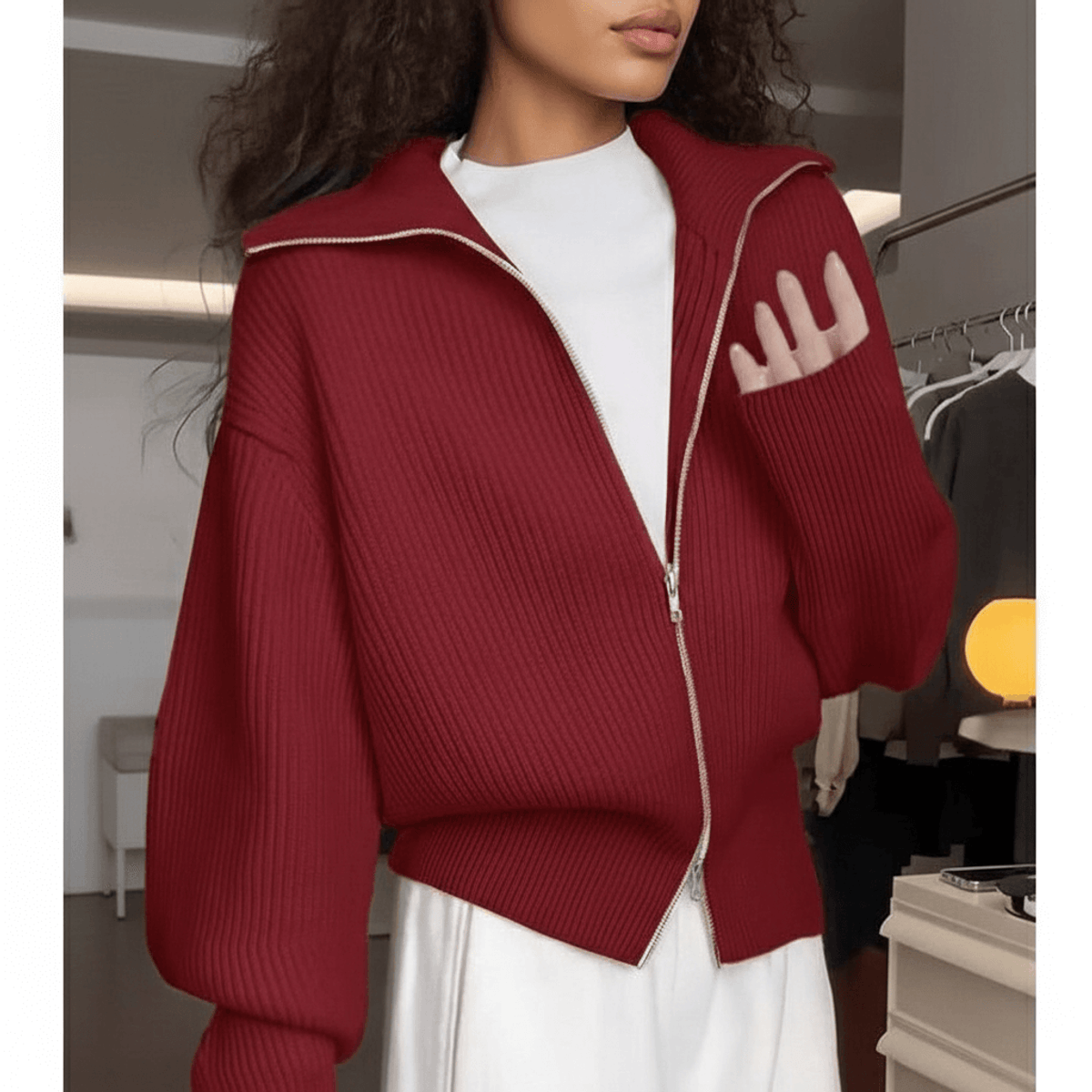 Doppel-Reißverschluss Strick-Cardigan Damen Leichtes Lagen-Piece Mode
