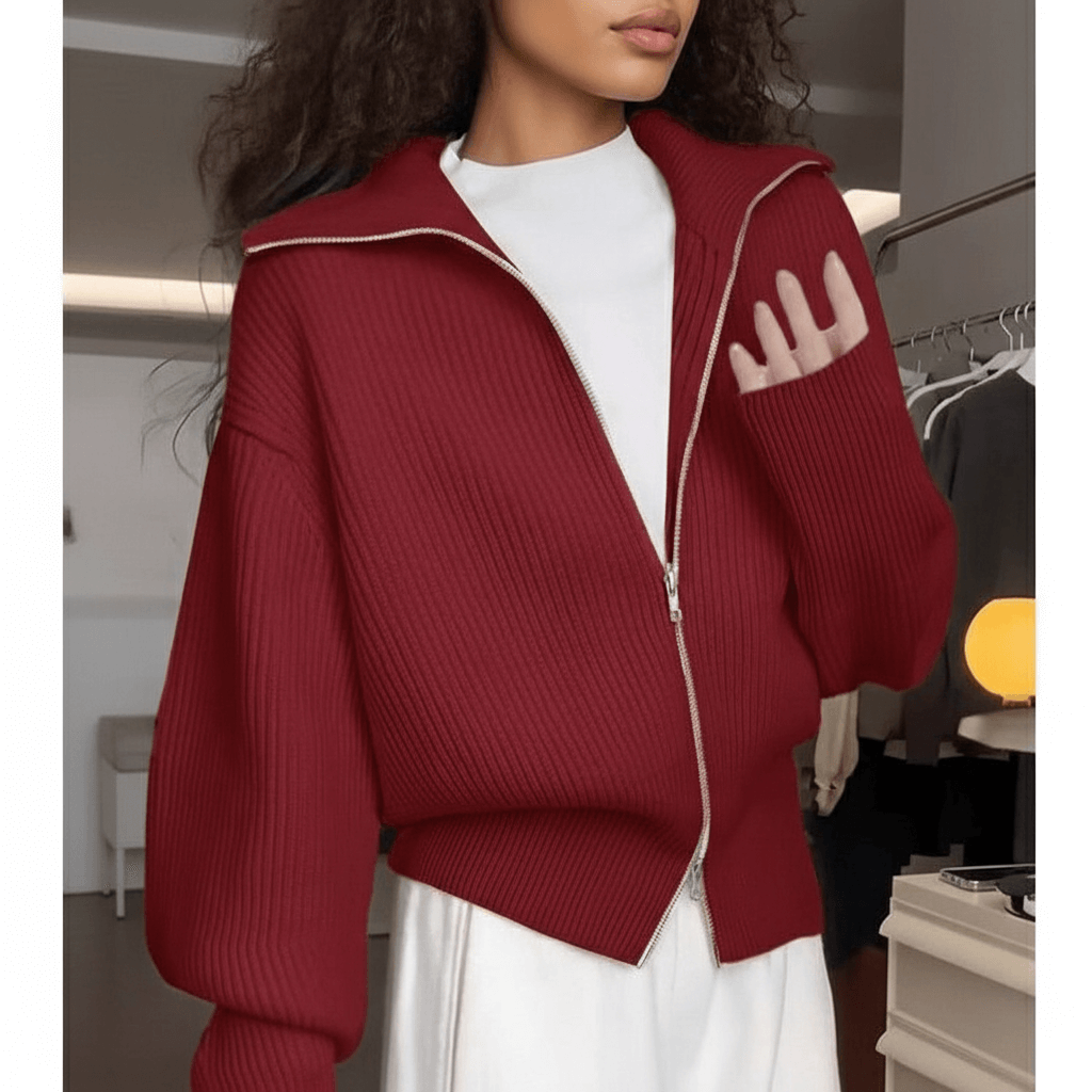 Double Zip Knit Cardigan Women's Lightweight Layering Piece Fashion