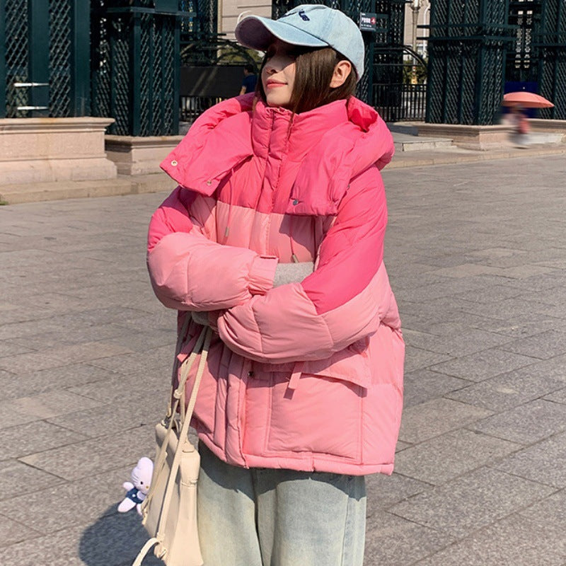 Daunen-Baumwolljacke Damen Kurz Kapuzenjacke Colorblocking Wintermantel