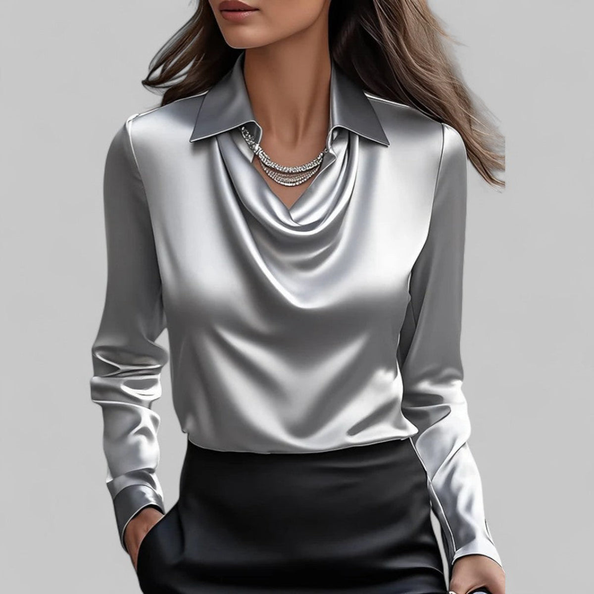 Draped Neck Long Sleeve Satin Blouse Women Elegant Chic Fashion Top 1