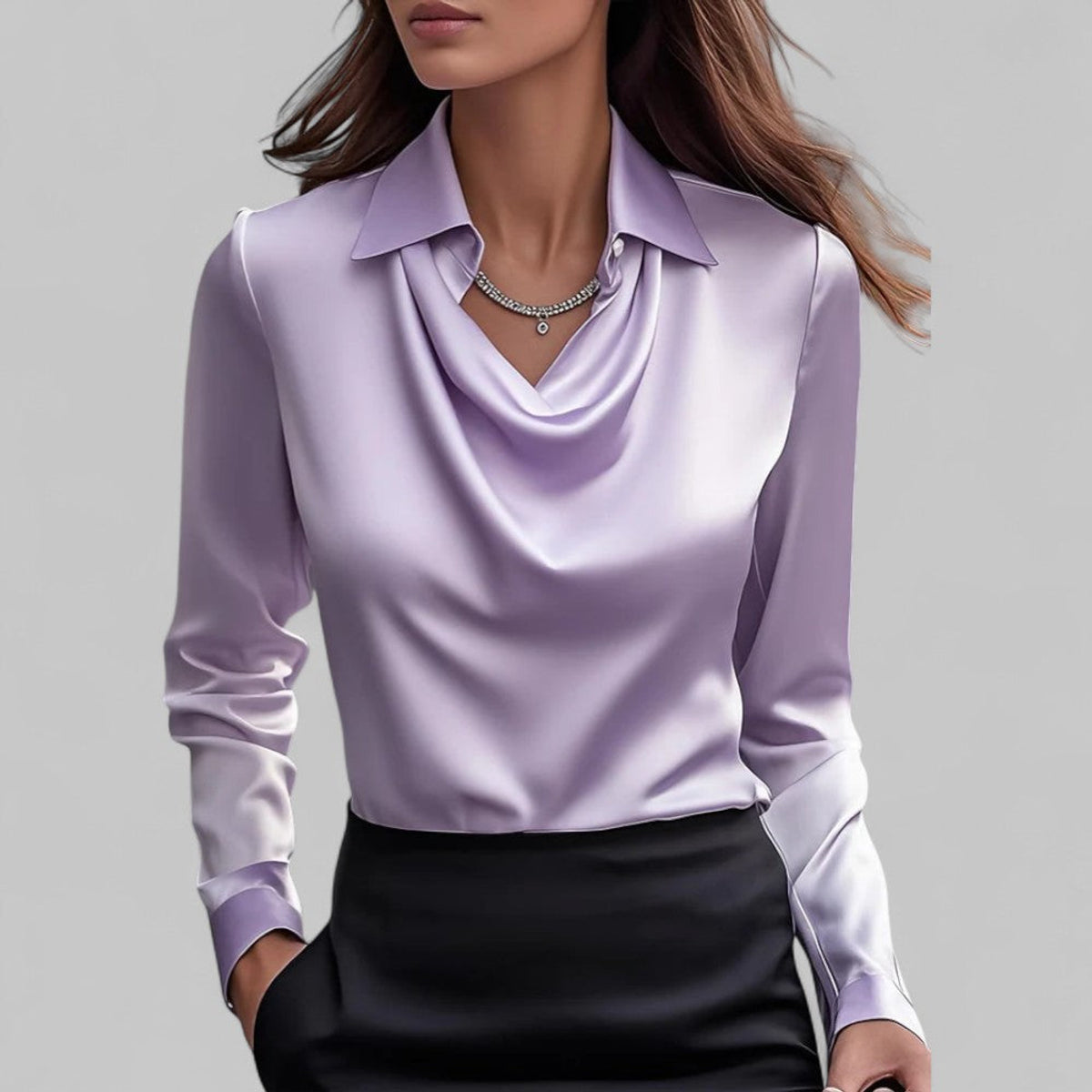 Draped Neck Long Sleeve Satin Blouse Women Elegant Chic Fashion Top 3