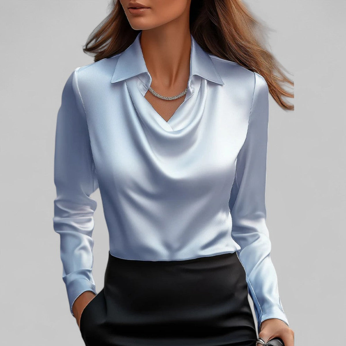 Draped Neck Long Sleeve Satin Blouse Women Elegant Chic Fashion Top 5